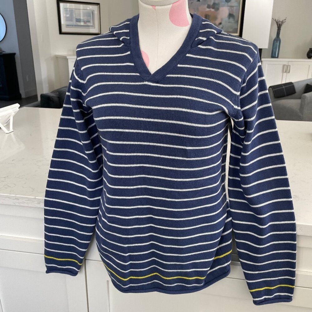 Cherokee Heritage C-73 V Neck Cotton Knit Stripped Hoodie Blue Wht Yel Sz S NWT